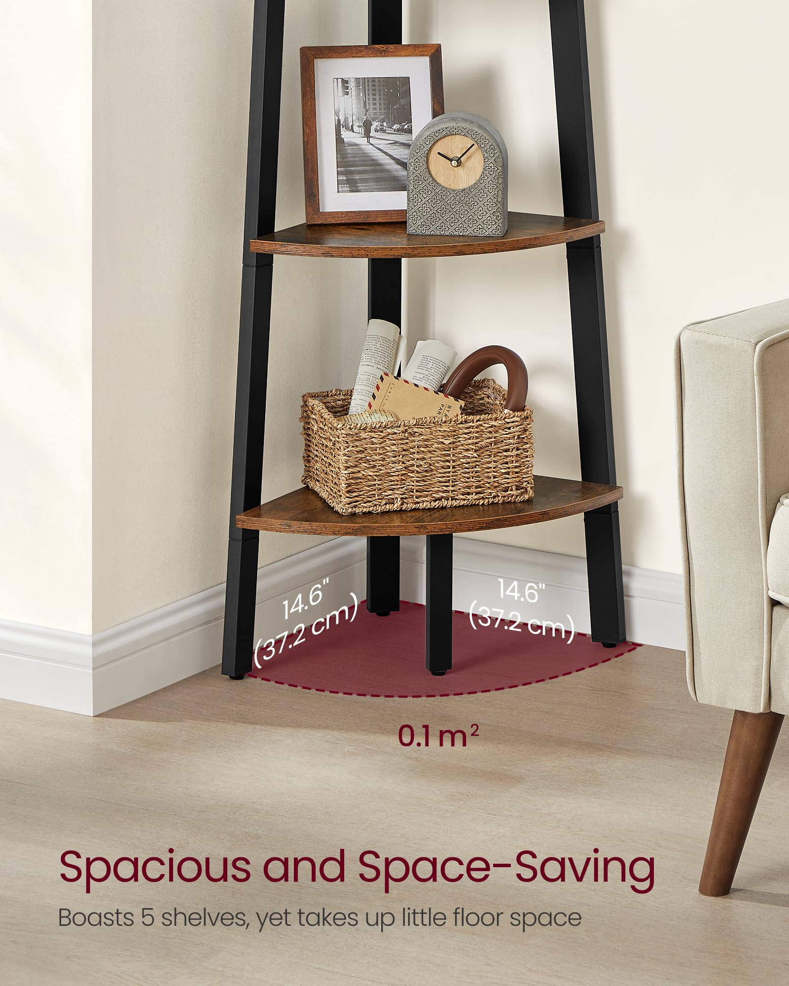 VASAGLE Corner Shelf, 5-Tier Corner Bookshelf, Storage Shelving Unit, Plant Stand for Living Room, Industrial Accent Furniture with Steel Frame, Rustic Brown and Black ULLS35X