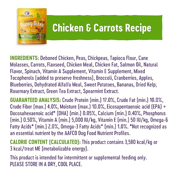 WELLNESS CRUNCHY PUPPY BITES DOG TRAINING TREATS, NATURAL, GRAIN FREE, CHICKEN AND CARROT RECIPE, 6 OZ BAG