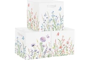 HUUMONSS 11.8" Wild Flower Storage Cube Organizer Set 3Pcs Clothes Storage Basket Bin for Closet Shelf Garden Butterfly Nursery Kid Room Book Toy Chest, Plant Bush