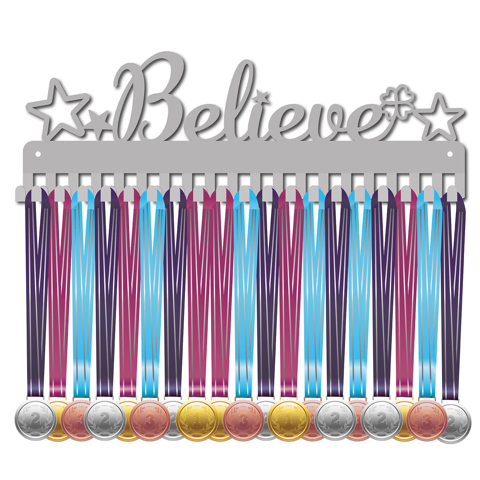 CREATCABIN Believe Medal Holder Start Four Leaf Clover Awards Display Stand Wall Rack Mount Hanger Decor Stainless Steel Metal Hanging for Home Badge Medalist 60 Medals Sports Games, Silver