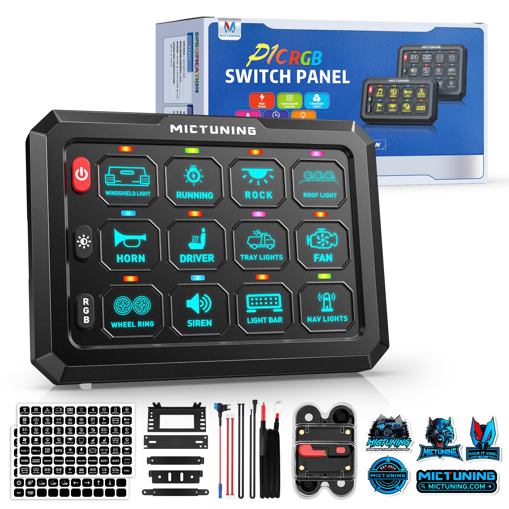 Photo 1 of MICTUNING P1C+ RGB 12 Gang Switch Panel, IP67 Waterproof 6 Level Brightness Multifunction Toggle Momentary Flash Strobe Circuit Control Relay System Box for Off Road Truck SUV UTV RV, 2 Years Warranty