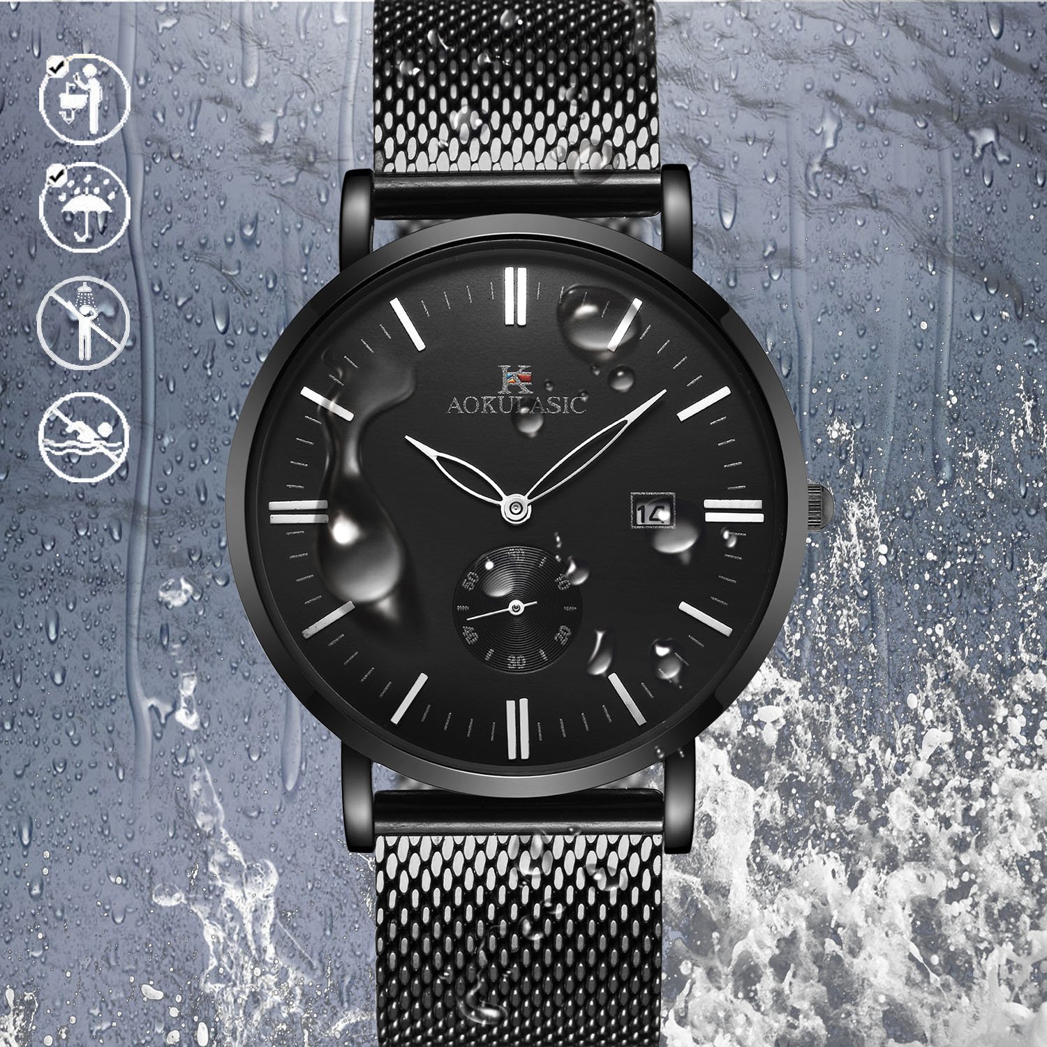 AOKULASIC Herren Fashion Datum Analog Quarz Wasserdicht Armbanduhr mit besonderem zweite Sub Zifferblatt (Schwarz)