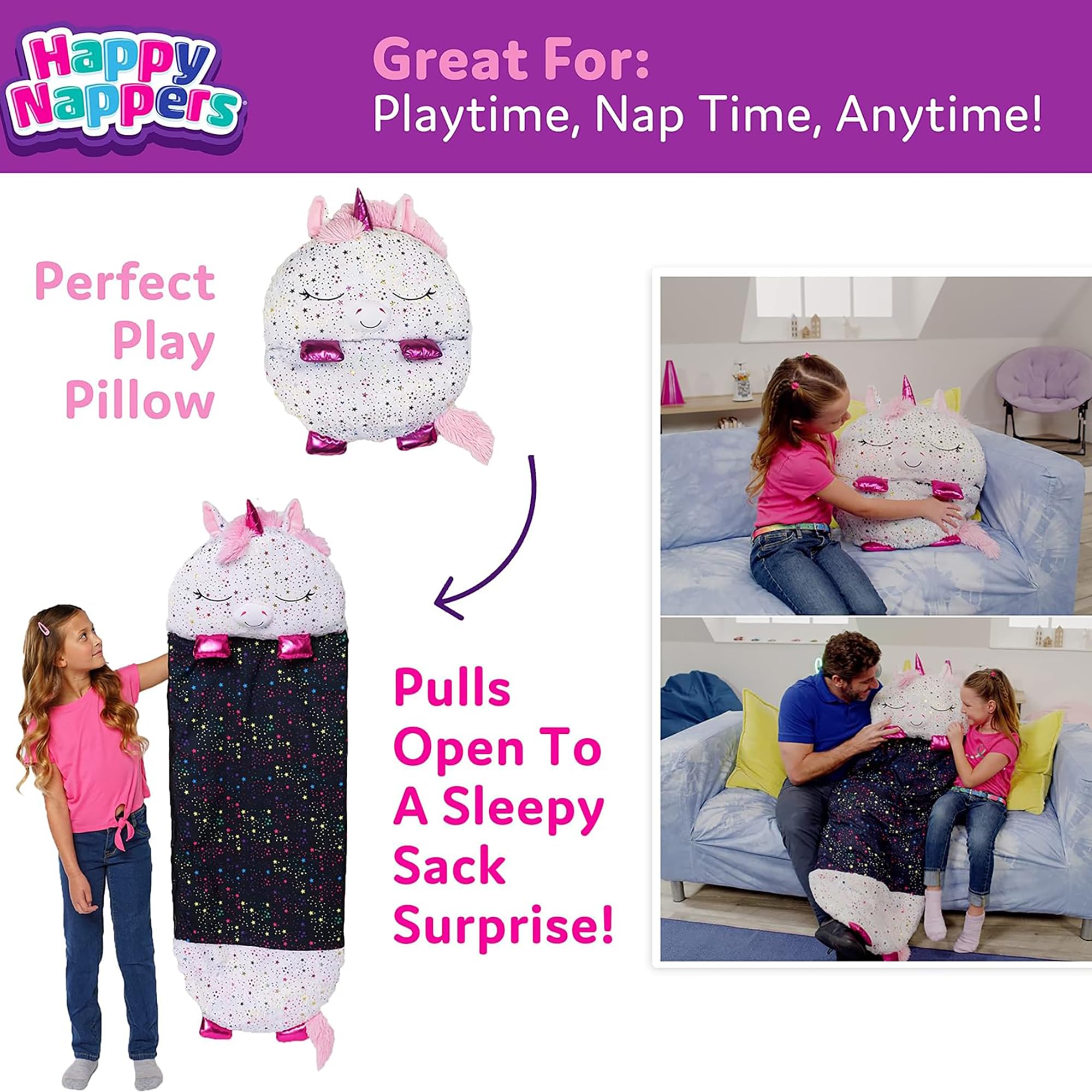 Happy Nappers Pillow & Sleepy Sack- Comfy, Cozy, Compact, Super Soft, Warm, All Season, Sleeping Bag with Pillow- Medium 54” x 20”, Shimmer Unicorn