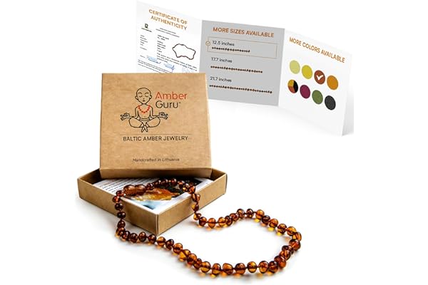 Amber Guru Baltic Amber Necklace (Authentic, Certified) - 12.5 inches - Unisex Jewelry - Cognac (Polished) - Real Amber Beads - Proud to Deliver Genuine Baltic Sea Wonder - Ambar