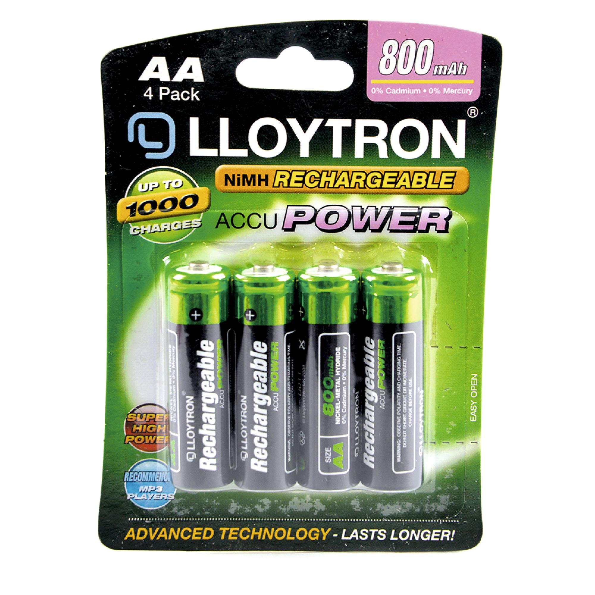 LLOYTRON NiMH Rechargeable AccuPower Batteries / AA Size / 800mAh / 4 Pack - B011