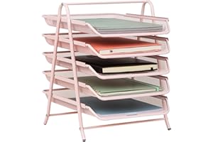 Mind Reader 5-Tier Paper Tray Organizer, Vertical Desktop File Storage Rack, Office, Metal Mesh, Pink
