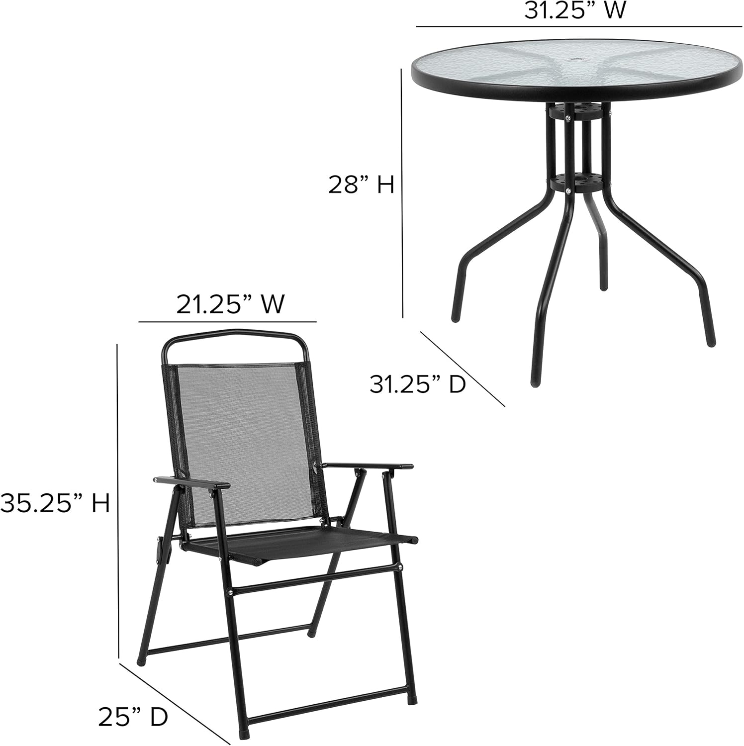 Flash Furniture Nantucket 6 Piece Black Patio Garden Set with Umbrella Table and Set of 4 Folding Chairs : Garden & Outdoor