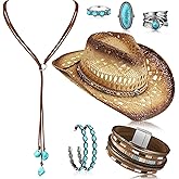 Ecally 7 Pcs Western Jewelry Set Bohemian Turquoise Straw Cowboy Hat Boho Necklace Bracelet Ring Pendant Earrings for Women