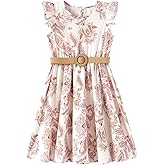 PATPAT Little Big Girls Dress Vintage Boho Floral Ruffle Short Sleeve Casual Swing Dress with Braided Belt