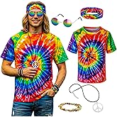 Hippie Costume for Men Momen 60s 70s Colorful T-Shirt 5 PCS Accessories Set for Theme Party