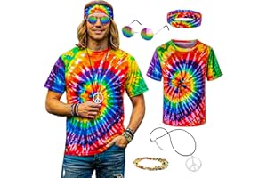 TOGROP Hippie Costume for Men Momen 60s 70s Colorful T-Shirt 5 PCS Accessories Set for Theme Party