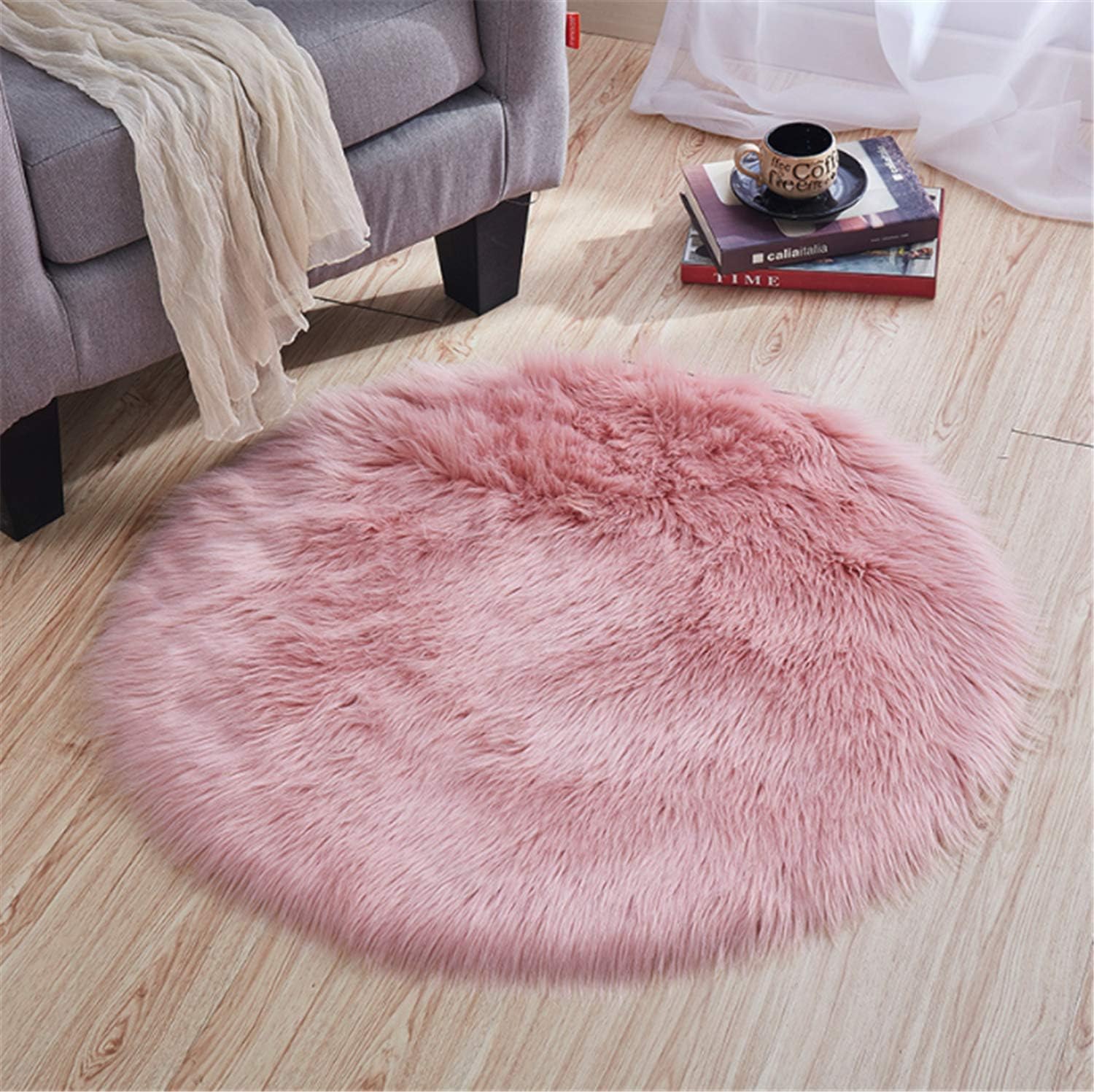 linyingdian Plush Sheepskin Throw Rug Faux Fur Elegant Chic Style Cozy Shaggy Floor Mat Area Rugs Home Decorator Super soft Carpets Kids Play Rug, Round Area Shag Rug 1 ft Diameter (30cm Diameter) (Pink)