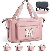 Teenage Girl Gifts, Weekender Bags for Women Travel, Initial Large Overnight Weekend Duffel Bags for Traveling with Shoe Compartment,GYM Duffle Bag for Kids Preteen Tween-Pink M