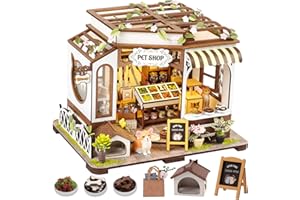 Vaki Vaki Miniature House Kit with LED Light, Book Nook Kit with Cover for Birthday Christmas Halloween, 3D Wooden Bookends Puzzle, Bookshelf Decor for Adults, Teens, Beginners (Pet Shop)