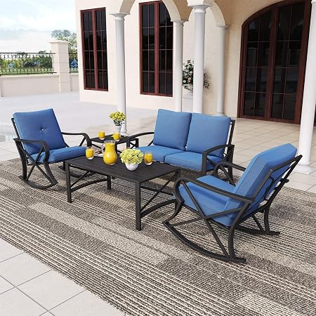 Amazon Com Patiofestival Conversation Furniture Set 5 Pcs Cushioned All Weather Metal Outdoor Furniture Sectional With Loveseat 2 Padded Rocking Chairs Coffee Table Bistro Table 5 Pcs Blue Garden Outdoor