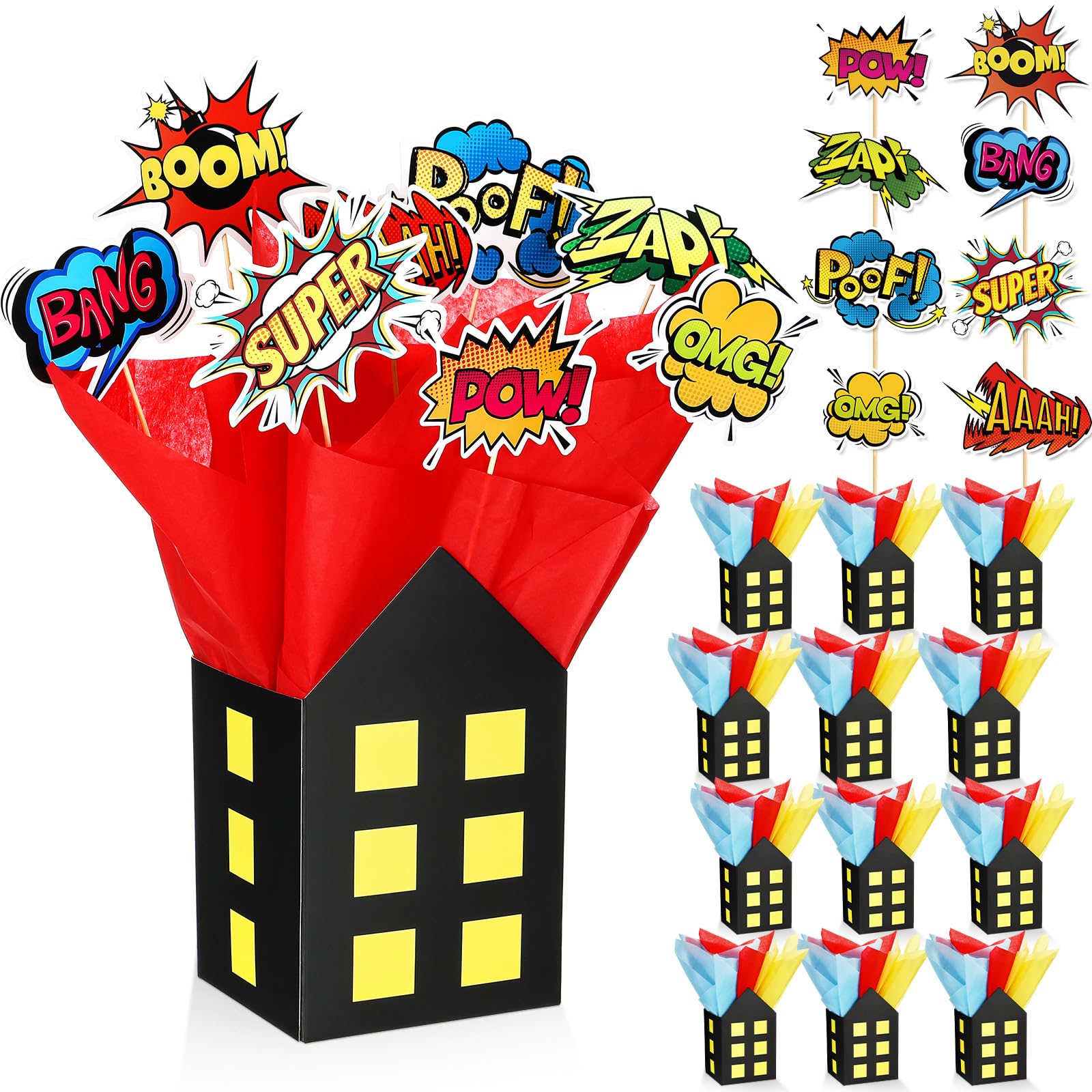 Photo 1 of Soulchen 12 Sets Hero Themed Party Centerpieces Decorations Hero Action Sign Table Toppers with City Box Circus Sound Effect Cutouts and Sticks for Shower Party Birthday Decor