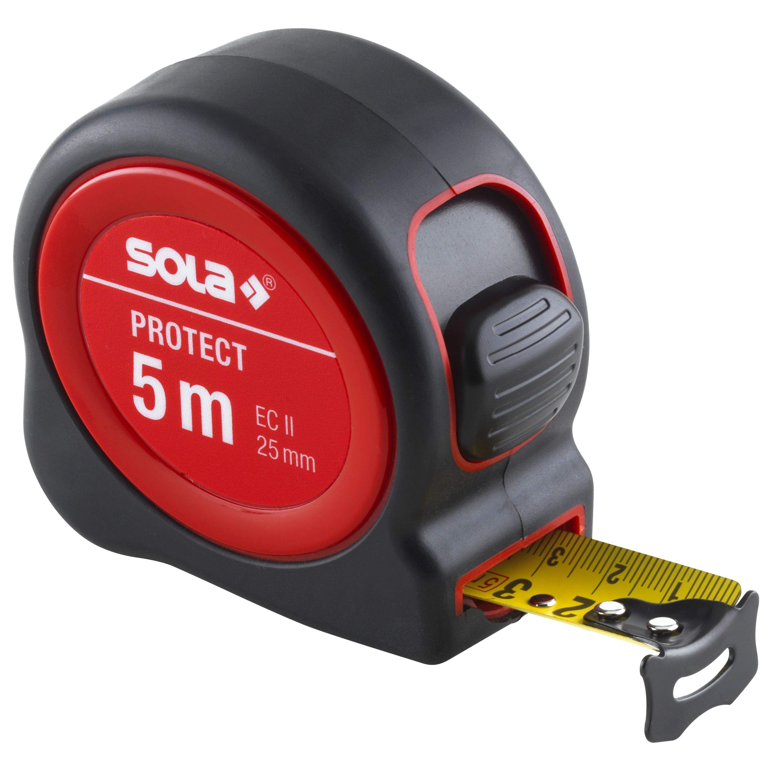 SOLA Protect Tape Measure - 5 m / 25 mm - Robust Tape Measure with Belt Clip - Steel Tape, Yellow Painted with mm Scale - Accuracy Class II - Roll Meter with Movable End Hook - Length 5 m / 25 mm