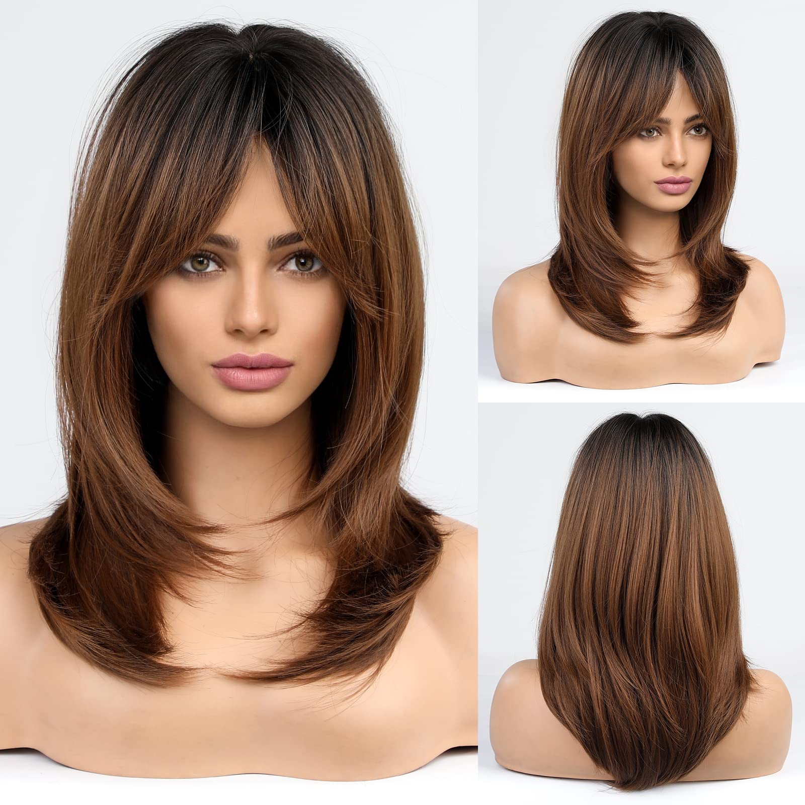 EMMOR Ombre Brown Long Layered Wigs with Bangs - Heat Resistant Synthetic Fibre — image 1