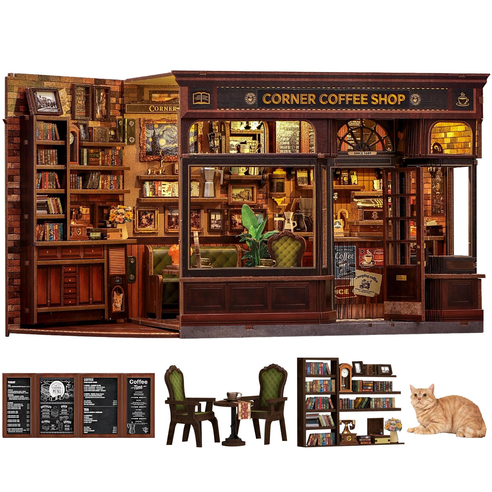 Fsolis Book Nook Kits for Adults, 3D Wooden Puzzles Book Nook, Diy Miniature House Kit Bookshelf Decor Tiny House Model Kits Gifts for Friend (Corner Coffee Shop) — image 1