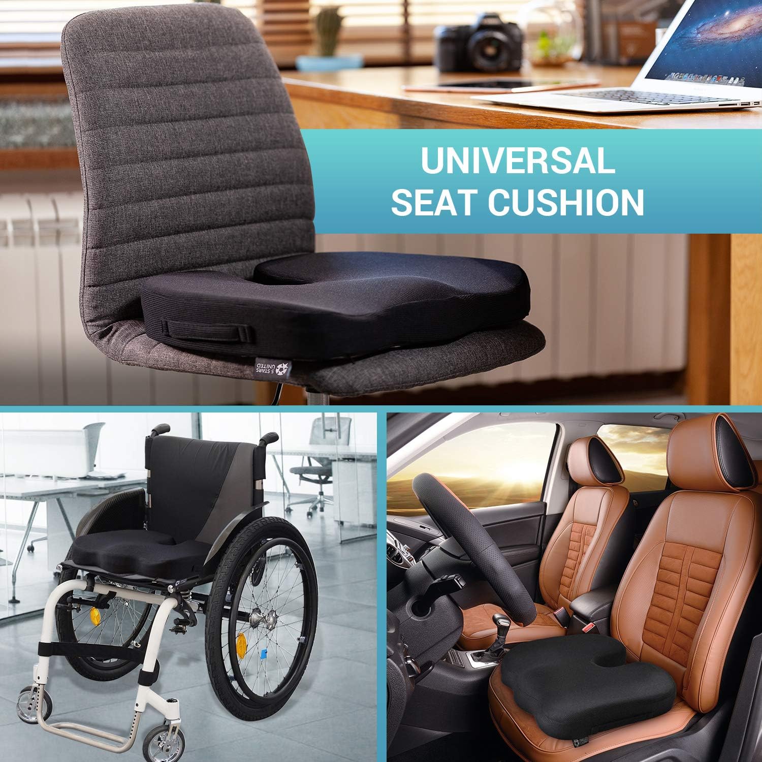 Seat Cushion Pillow for Office Chair - 100% Memory Foam Firm Coccyx Pad - Tailbone, Sciatica, Lower Back Pain Relief - Contoured Posture Corrector for Car, Wheelchair, Computer and Desk Chair : Office Products