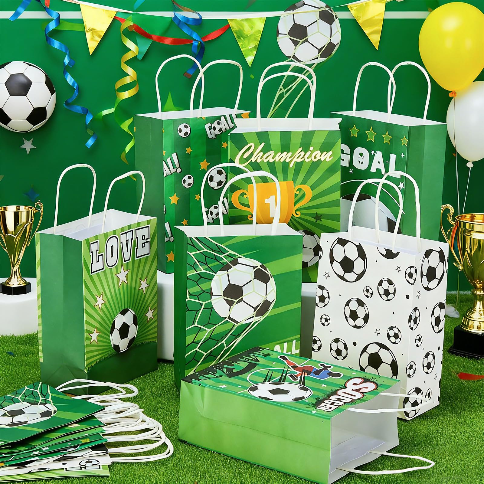 Fußball Papiertüten 32 Stück, Fußball Mitgebsel Tüten Kindergeburtstag Jungen, Geschenktüten mit Griffen, Fußball Party Goodie Bags für Süßigkeiten, Gastgeschenke, kleine Spielzeuge und Party Geschenk