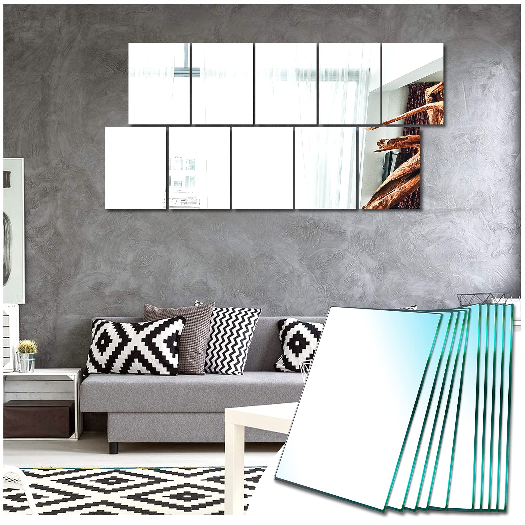 Sqinor 10 Pieces Self Adhesive Mirror Tiles HD Glass 15x23cm, Stick On Mirror Wall Decoration Rectangle Wall Mirrors for Living Room Bedroom Hallway