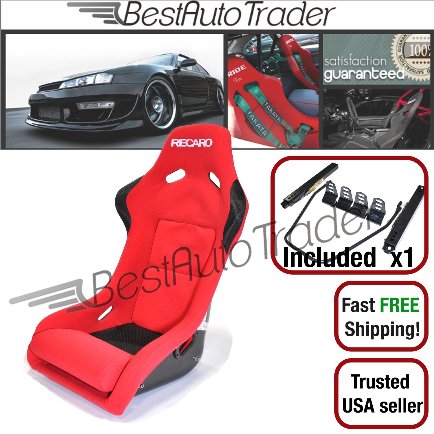 Recaro Replica SPG RED Fabric Racing Bucket Seat with Sliders and