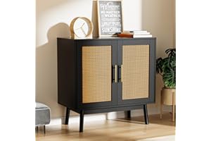 SINROM Accent Storage Cabinet with Rattan Decor Doors, Buffet Cabinet with Storage, Sideboard Cabinet for Hallway, Entry, Living Room, Black