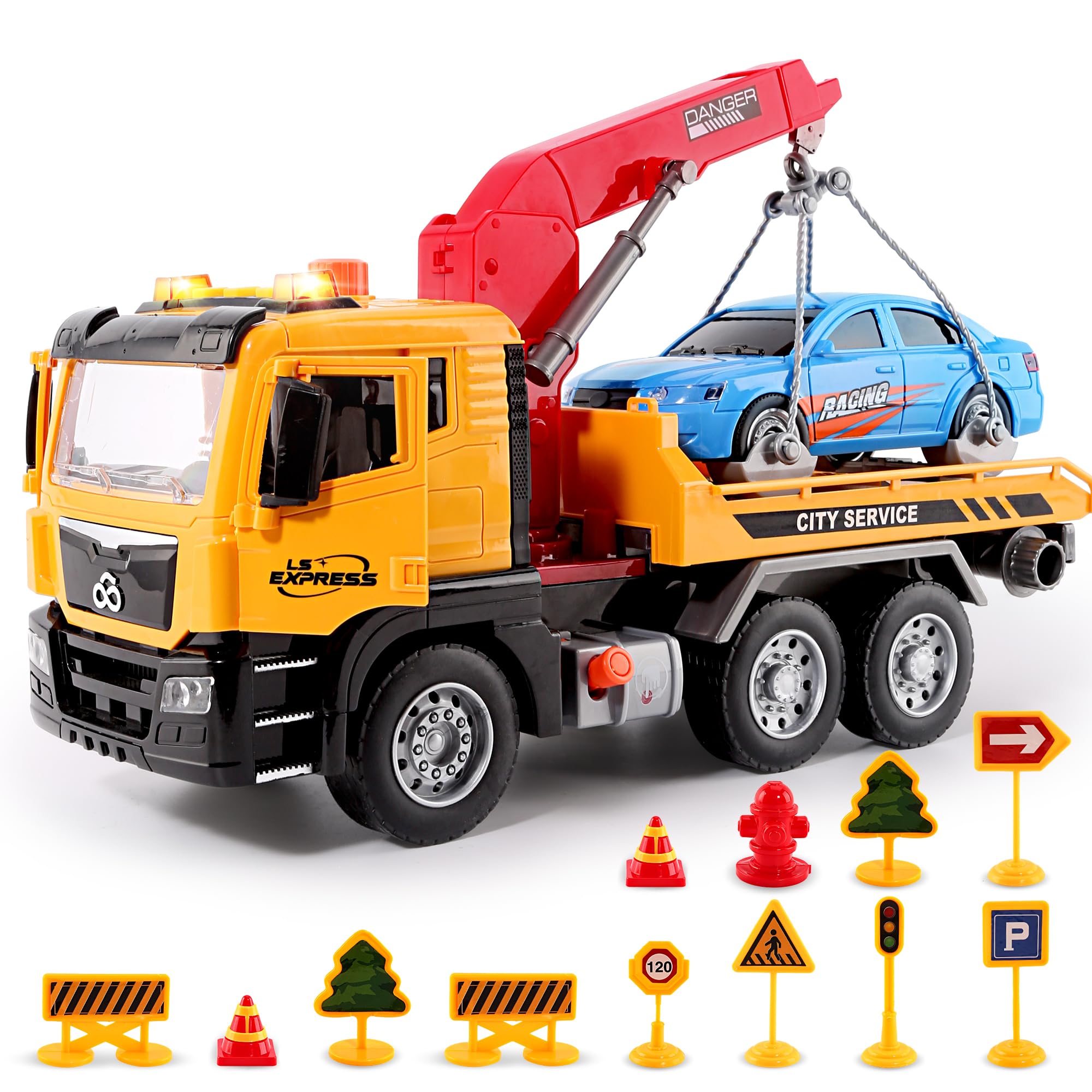 BunnyJOY Rescue Tow Truck Toy for 3 4 5 6 7 Years Old Boys, Friction Powered Vehicle, Realistic Playset Gift for Kids Girls Aged 3+