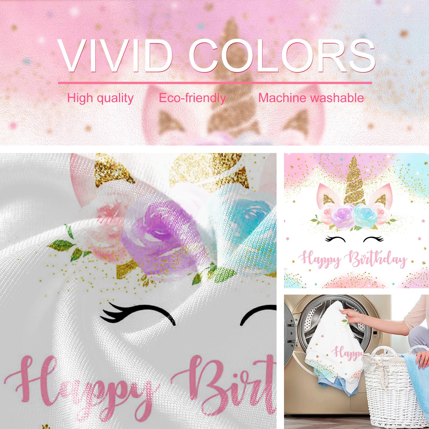 Mocsicka Unicorn Birthday Decorations Backdrop for Girls Party 5x3ft Pastel Rainbow Glitter Stars Dots Happy Birthday Banner Photo Booth Props