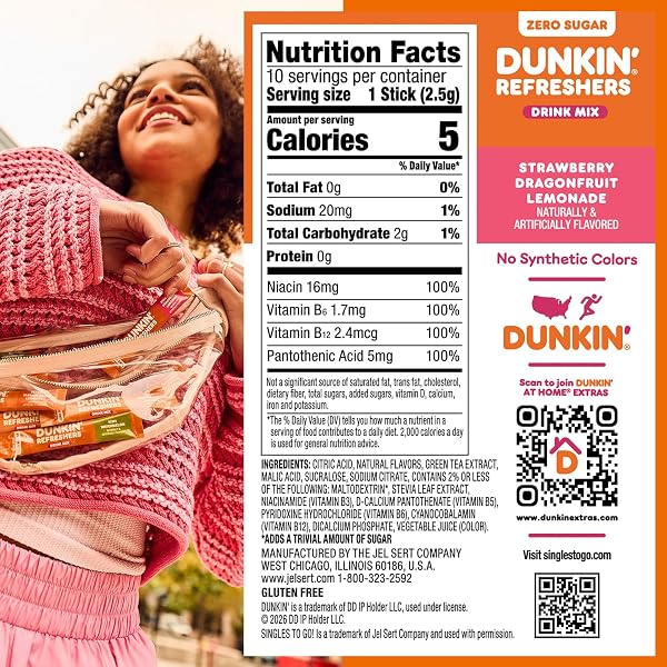 DUNKIN’ ZERO SUGAR REFRESHERS SINGLES TO GO! POWDERED DRINK MIX PACKETS, STRAWBERRY DRAGONFRUIT LEMONADE, 10 PACKETS PER BOX , ENERGY FROM GREEN TEA, ASPARTAME-FREE, NO SYNTHETIC COLORS, NATURALLY AND ARTIFICIALLY FLAVORED, JUST ADD WATER