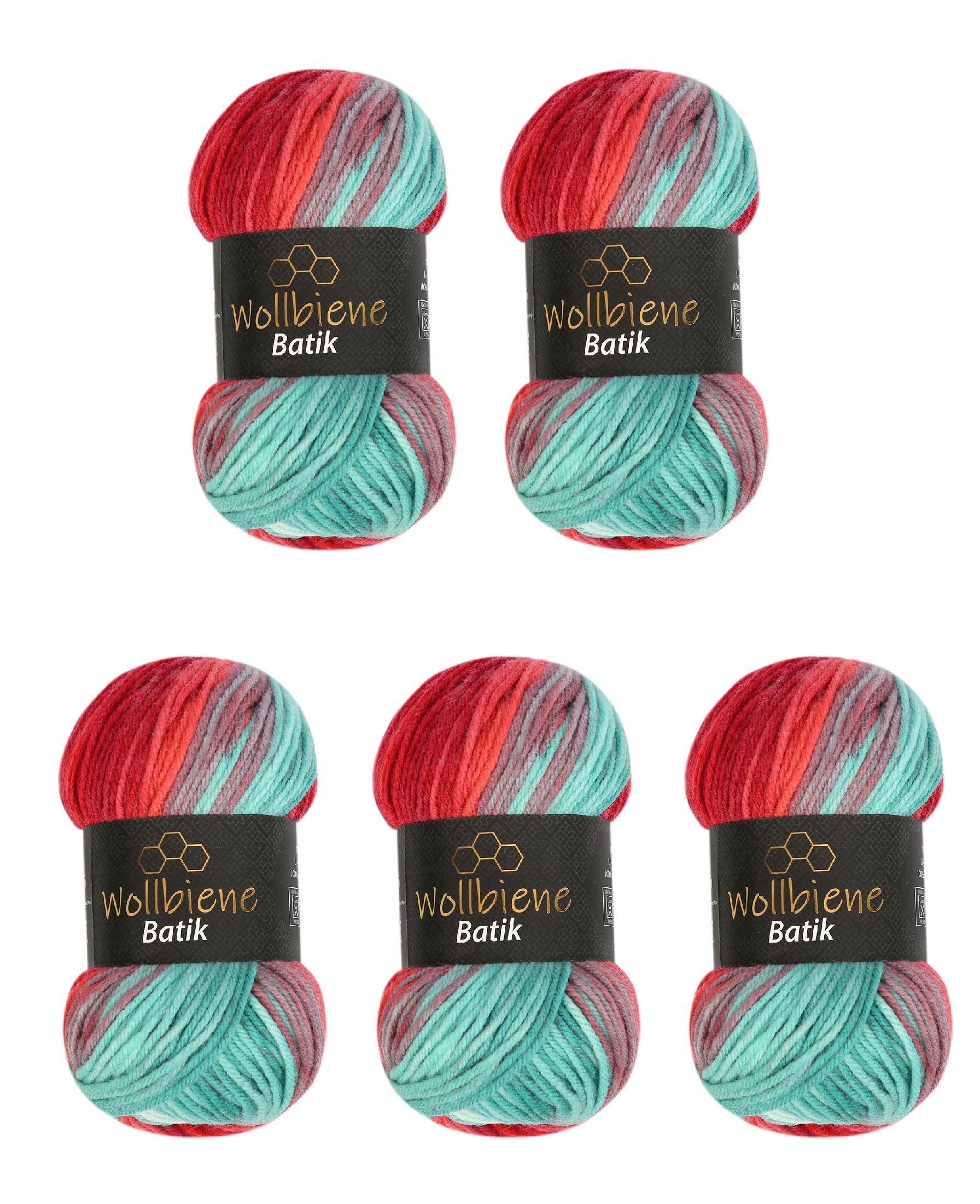 5 x 100 g Wool Bee Batik 500 g Wool with Colour Gradient Multicoloured Knitting Wool Crochet Wool (1420 Petrol Red)