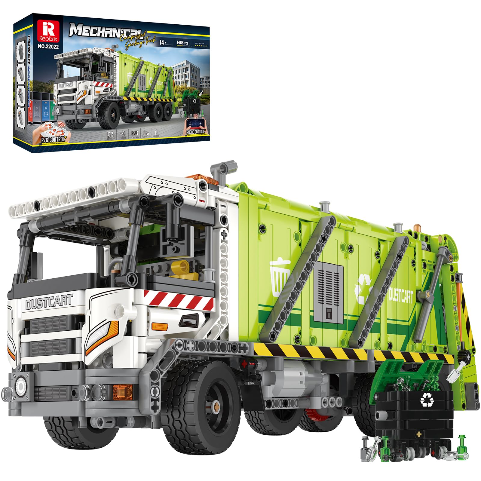 Reobrix Garbage Truck Building Block Toy Set for Adult, Waste Compressed Management Recycling Truck Toy with RC/APP Control & Interactive Features, Creative Birthday Gift for Boys 14+, 1468Pcs