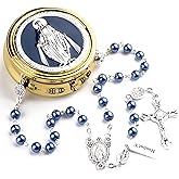 HanlinCC Glass Pearl Beads Catholic Rosary Necklace for Women with Gold Plated Miraculous Gift Box