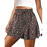 COOUFE Mini Skirts for Women 2025 Casual Boho Floral Skorts Layered Hem A-Line Tennis Chiffon Shorts