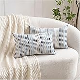 Zealax 12x20 Boho Throw Pillow Covers Lumbar Decorative Neutral Farmhouse Cushion Covers for Couch Bed Living Room, Cotton Textured Striped Pillowcases Set of 2, Blue