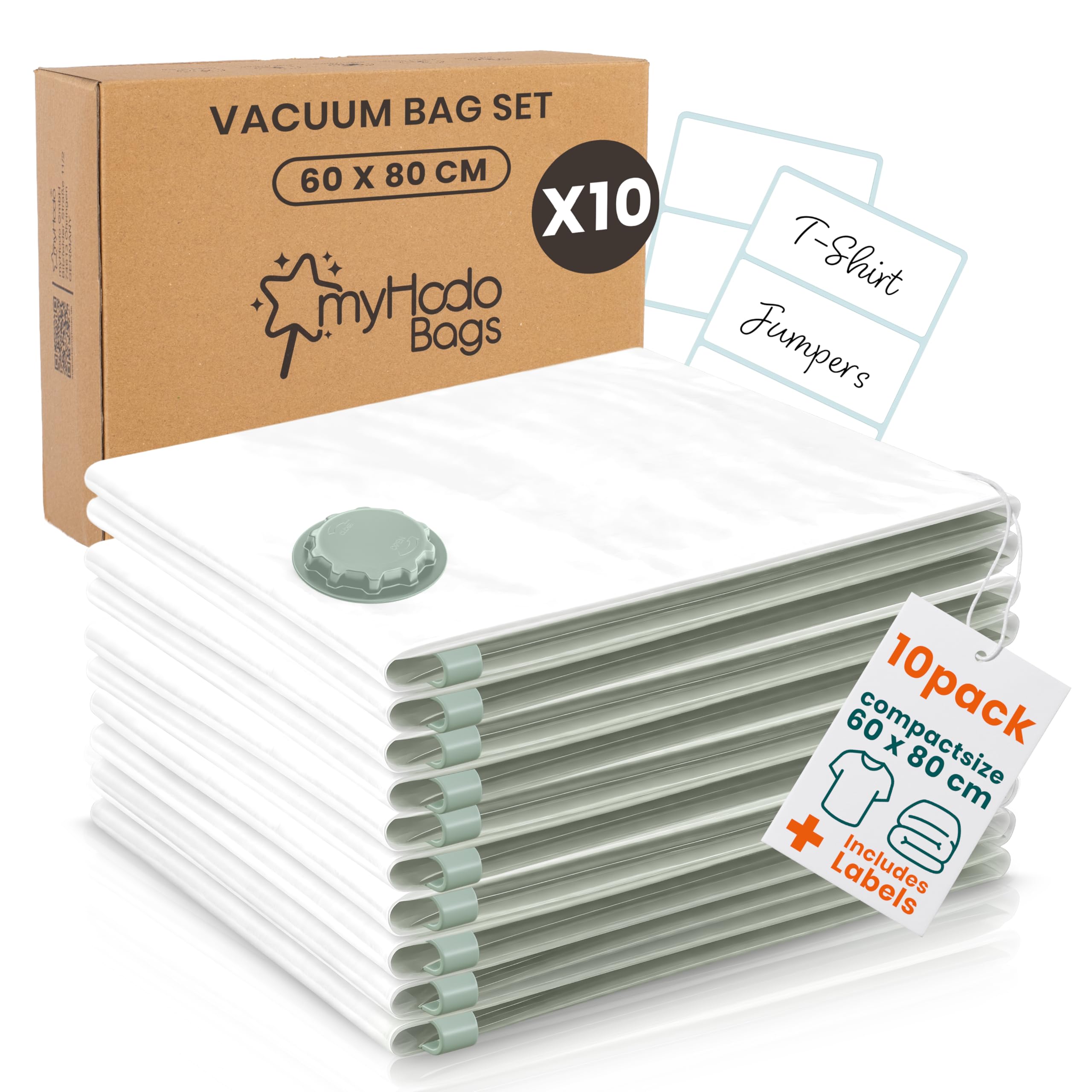 myHodo Vacuum Storage Bags for Clothes (10 Pack, 60x80 cm), Reusable Space Saver Vac Seal Bags for Textiles, Smart Storage Solution, Large Suction Bags for Hoover, Double Zip Seal, Durable & Airtight