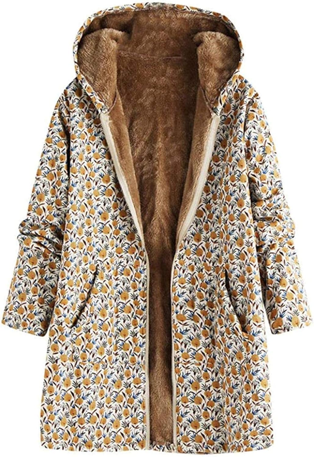 Womens Winter Coats Plus Size Floral Print Fleece Warm Hooded Jackets