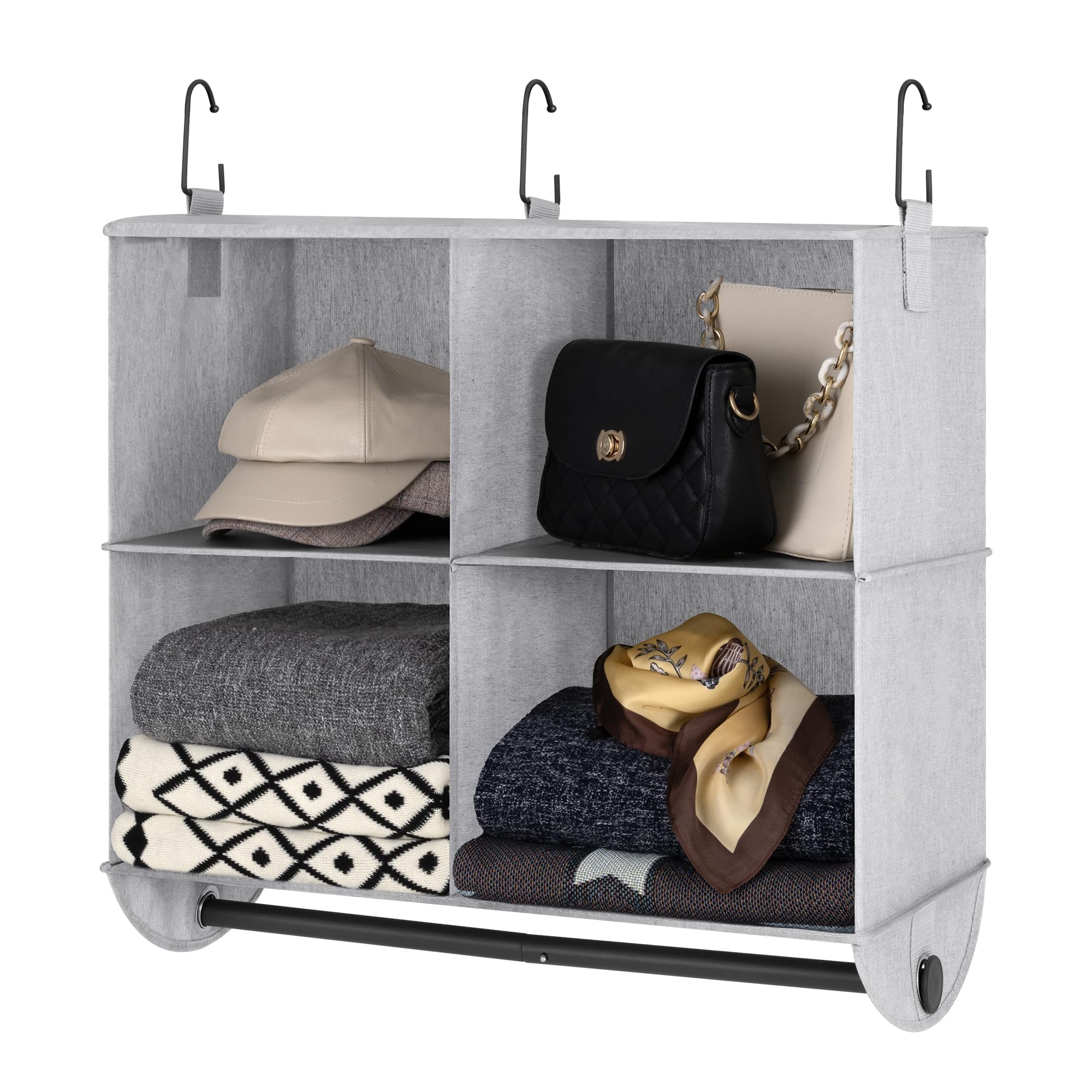 Photo 1 of StorageWorks Hanging Closet Organizer with Metal Rod, 4-Section Closet Organizers and Storage, Collapsible Hanging Shelves for Closet, Bedroom, Kids Dorm Room, RV Camper, Gray and White