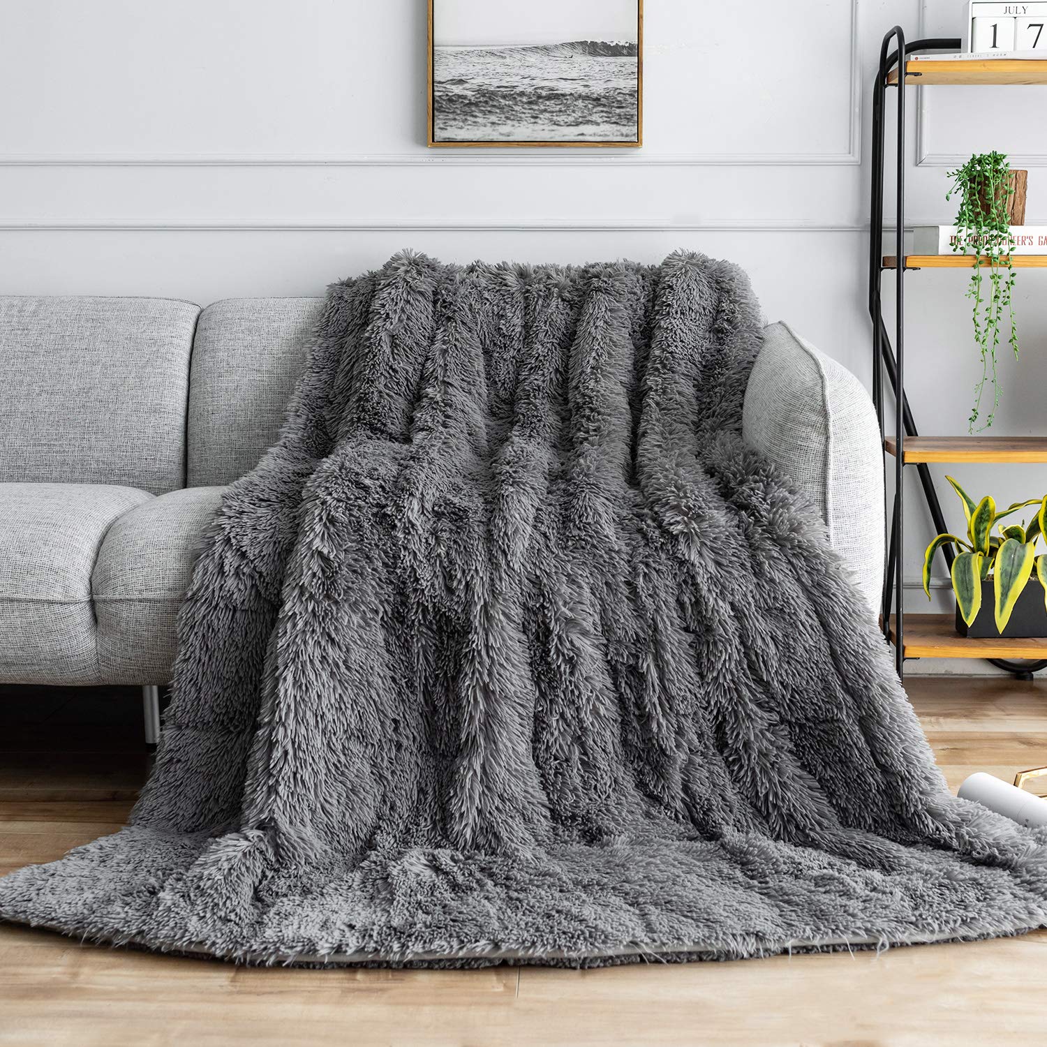 BUZIO Shaggy Faux Fur Weighted Blanket 15lbs, Super Soft Plush Fleece and Cozy Sherpa Reverse, Long Fur Fluffy Bed Throw Blankets 60"x80" Grey