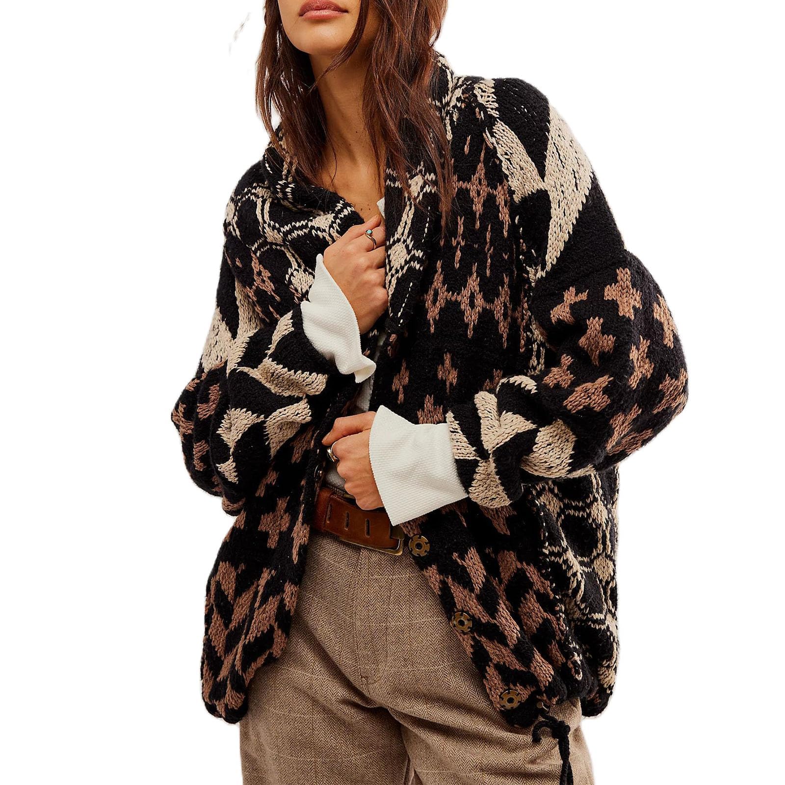 Photo 1 of ABYOVRT Women Cardigan Sweater Shawl Collar Button Down Oversized Sweaters Boho Fall Coat (One Size,Black)