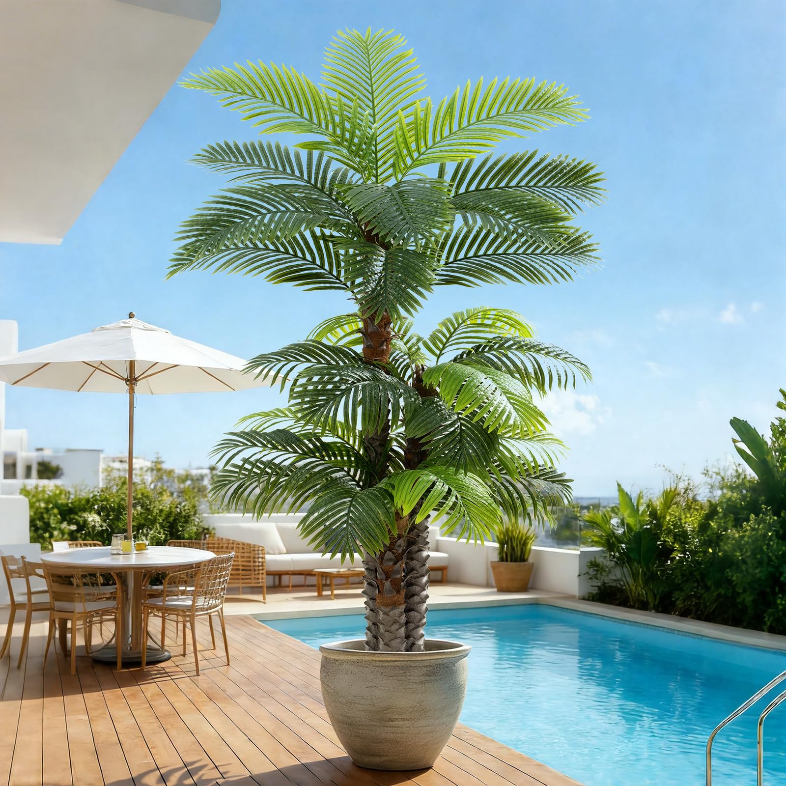 Keeplush 8.5ft Tall Artificial Palm Tree for Outdoors - Triple Phoenix Palm, UV Resistant, Large Fake Silk Palm Tree - Perfect for Patio, Poolside, Home Indoor Aesthetic Decor