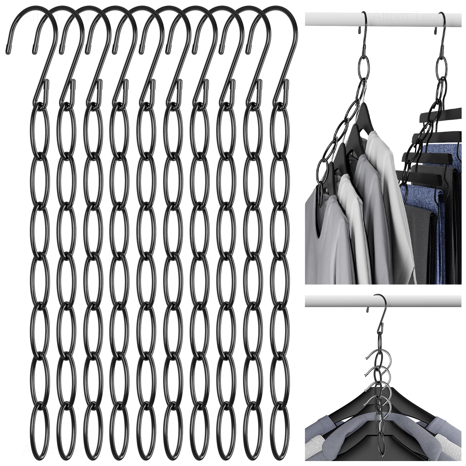 NiHome Clothing Chain Hangers 10-Pack for Home, Office & Travel, Metal Closet Organizer Space Saving Hangers with Safety Cap for All Garment Types, Wrinkle-Reducing 7-Loop Retractable Design (Black)