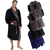 Ross Michaels Mens Robe Shawl Collar Wrap Style - Mid Length Plush Fleece Bathrobe (Jet Black & Gray, Large/X-Large)