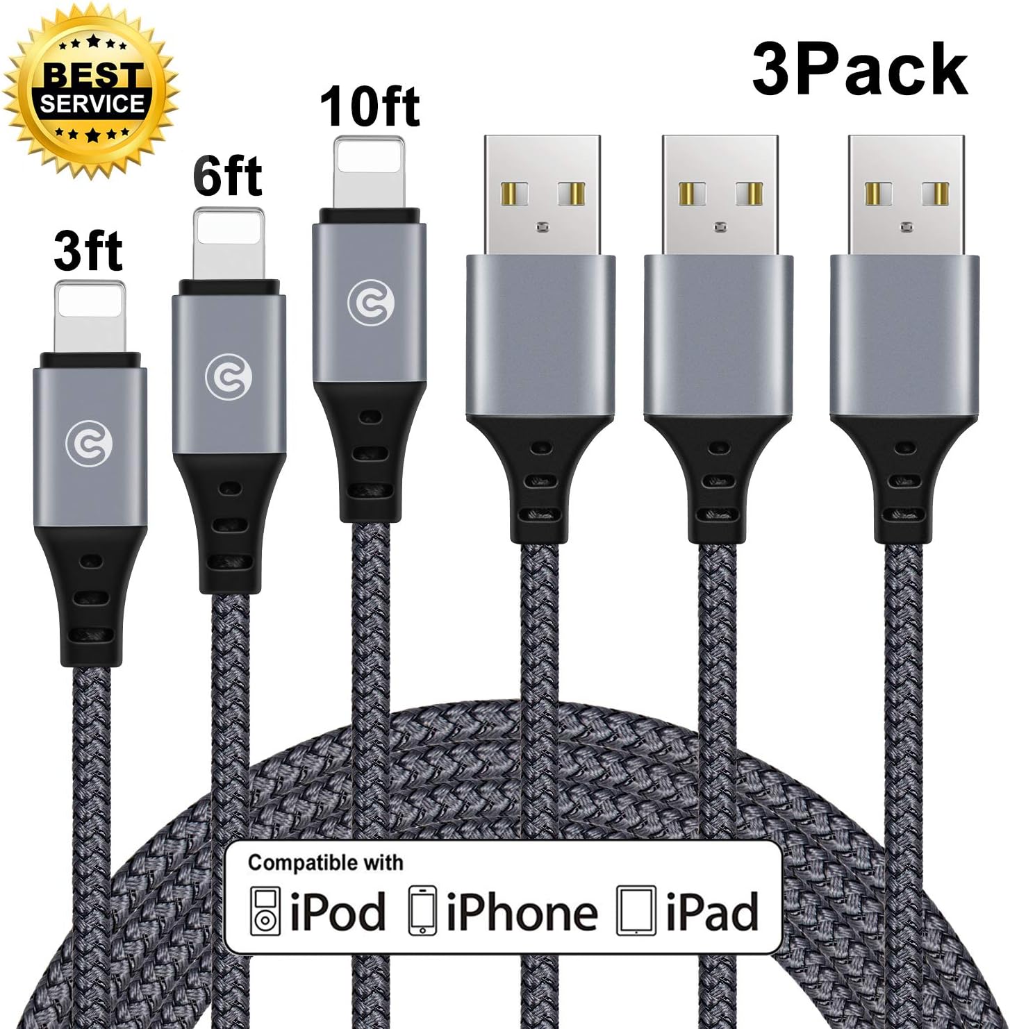 Lightning Cable, MFi Certified 3pack 3ft-6ft-10ft iPhone Charger Cable Nylon Braided Charging Cable Cord Compatible with iPhone Xs Max X XR 8 7 6s 6 Plus SE 5 5s, iPad Mini/Air/Pro, iPod