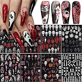 8Sheets Halloween Nail Stickers for Nail Art 5D Embossed Skull Ghost Nail Decals Self-Adhesive Pumpkin Spider Bat Eyes Skeleton Designs Horror Goth Nail Art Stickers for Women DIY Manicure Decoration