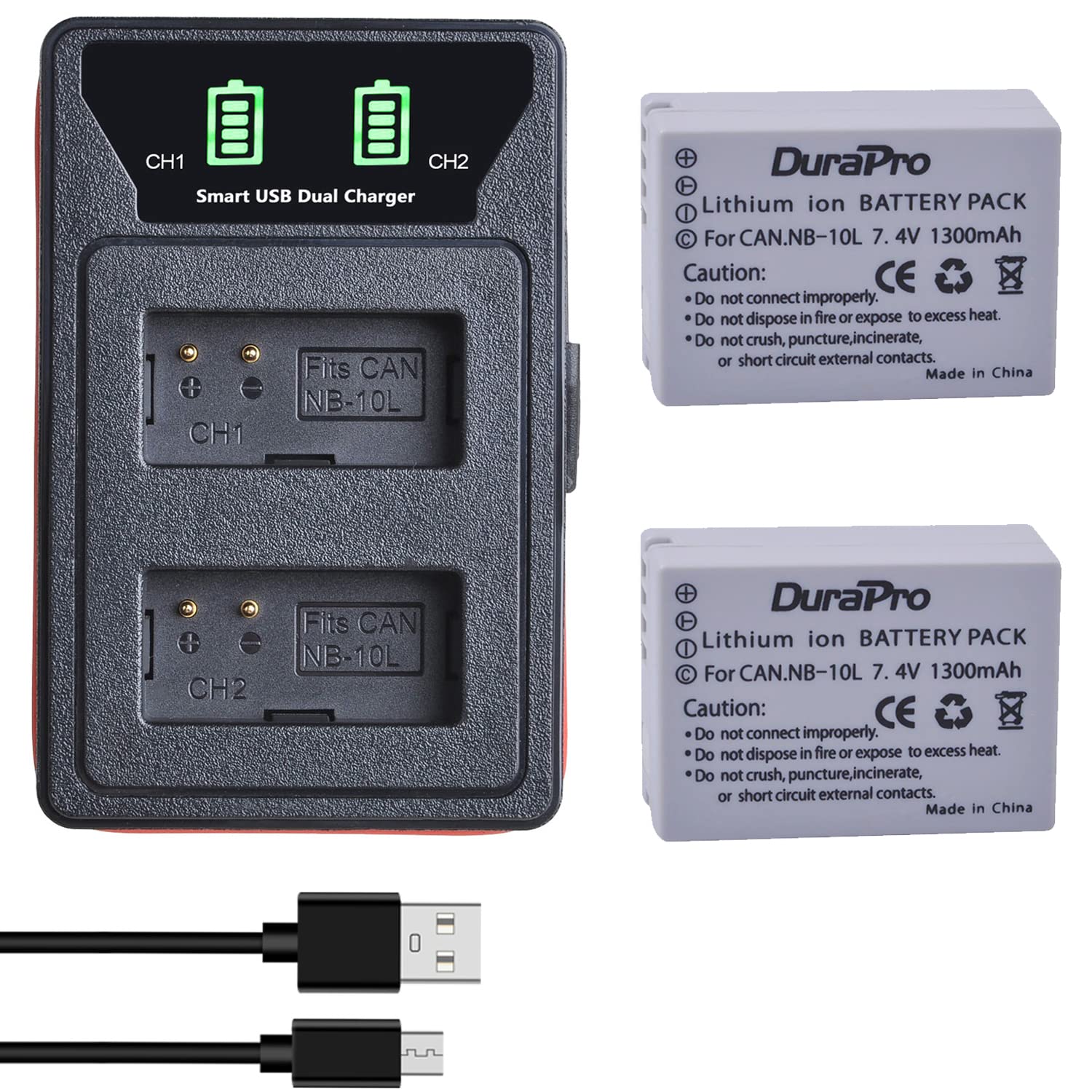 DuraPro 2Pcs 1300mAh NB-10L NB 10L Battery Pack + Slim LED Built-in USB Dual Charger Replacement for Canon G1X G15 G16 SX40HS SX50HS SX60HS SX40 SX50 SX60 HS Cameras
