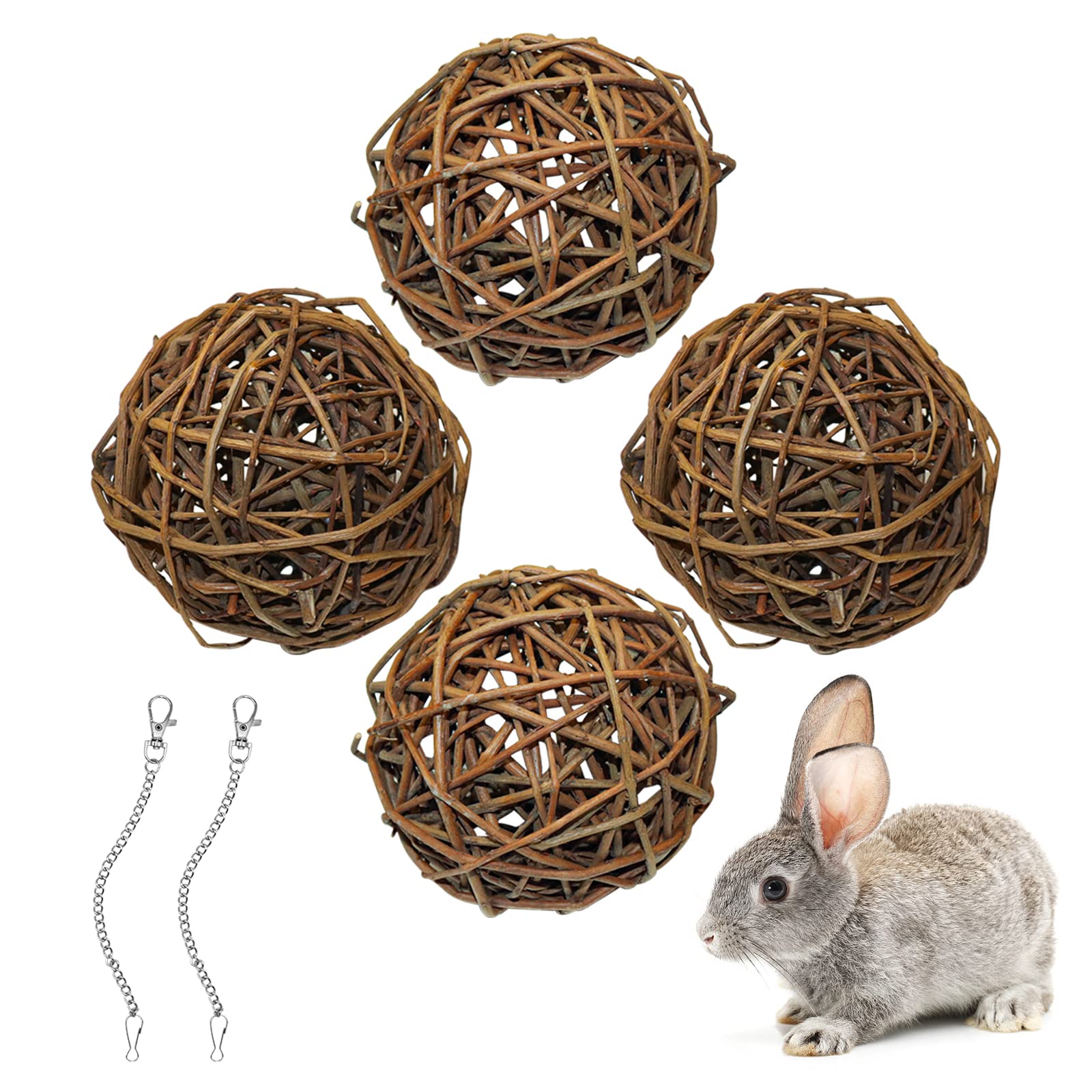 4 PCS Natural Willow Branch Ball for Small Animals, Rabbit Chew Toys Guinea Pig Boredom Breaker Activity Toy Bird Chew Toy for Rabbits Chinchilla Hamsters Gerbils Guinea Pigs Parrot Bird (10CM)