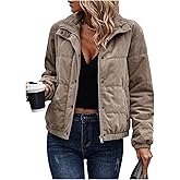 SOLY HUX Women's Corduroy Quilted Puffer Jacket Zip Up Long Sleeve Padded Bomber Barn Jackets Coat with Pockets