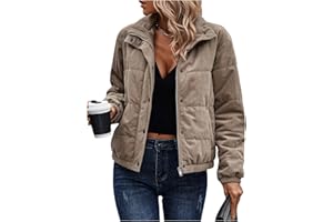 SOLY HUX Women's Corduroy Quilted Puffer Jacket Zip Up Long Sleeve Padded Bomber Barn Jackets Coat with Pockets